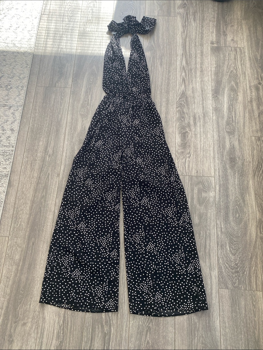 FAVLUX - Black Polka Dot Halter Wide Leg Jumpsuit - Size S